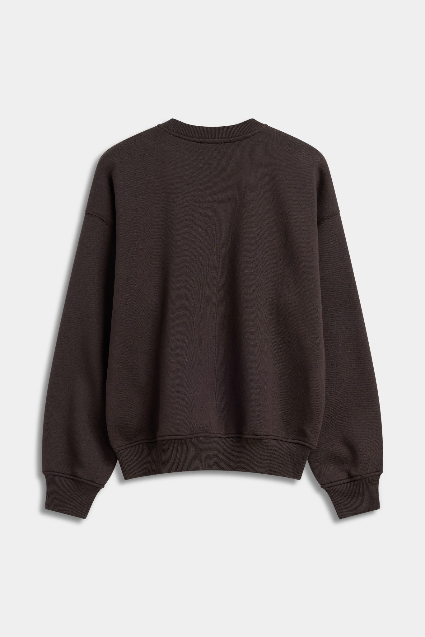Back view of the espresso CASPARA All-Star crewneck sweatshirt against a grey background.